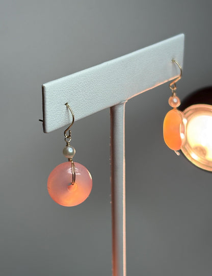 Pink ombre agate donut and akoya pearl dangle drop earrings in 14k gold.
