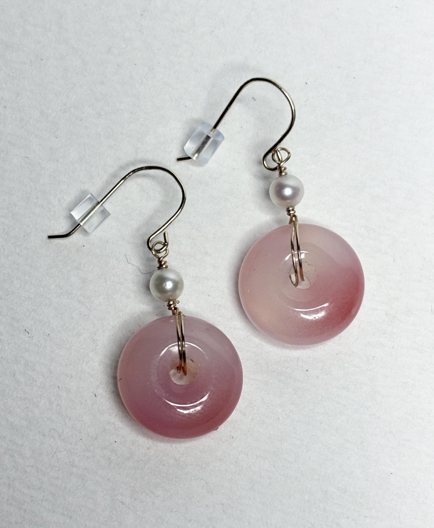 Pink ombre agate donut and akoya pearl dangle drop earrings in 14k gold.