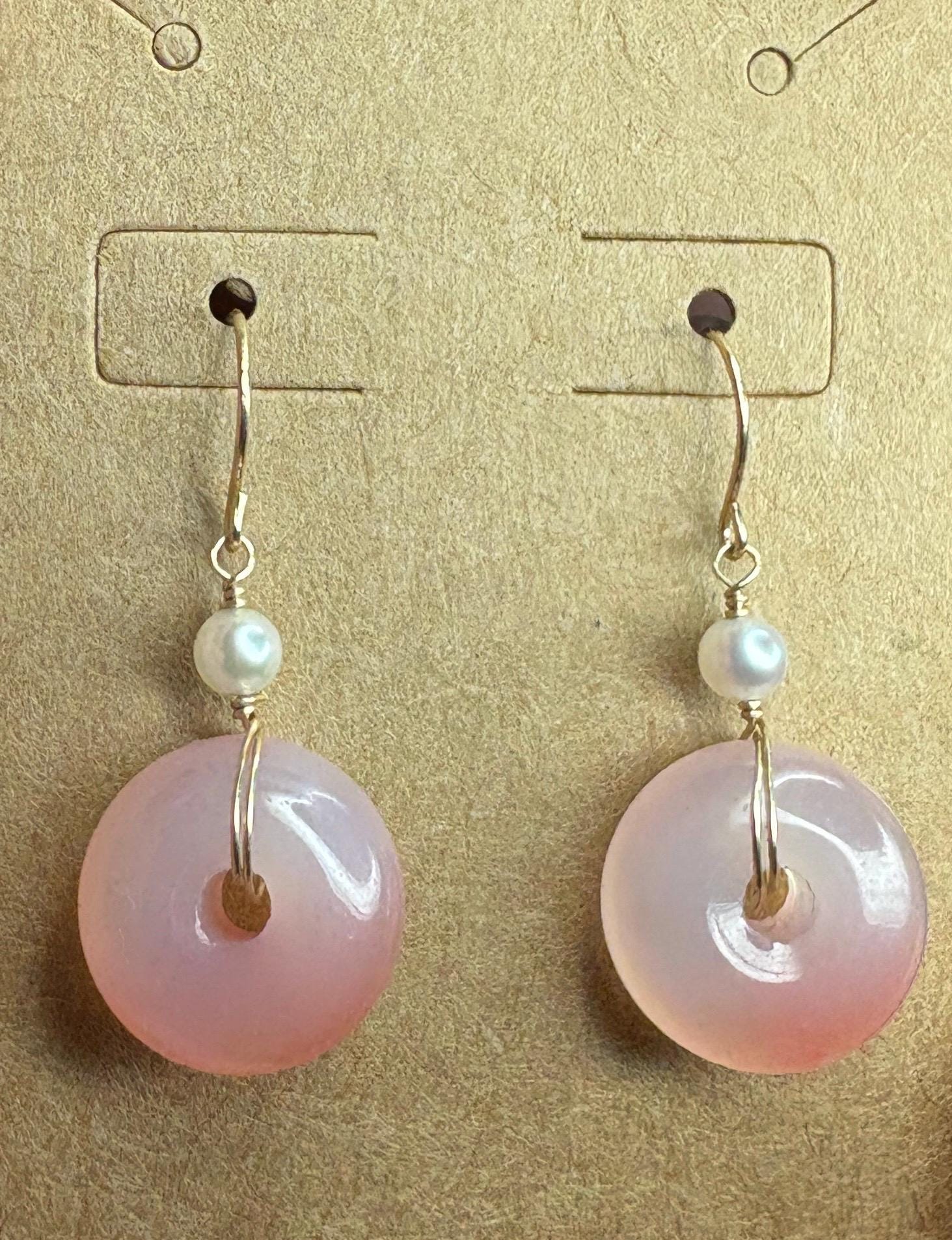 Pink ombre agate donut and pearl dangle drop earrings in 14k gold.