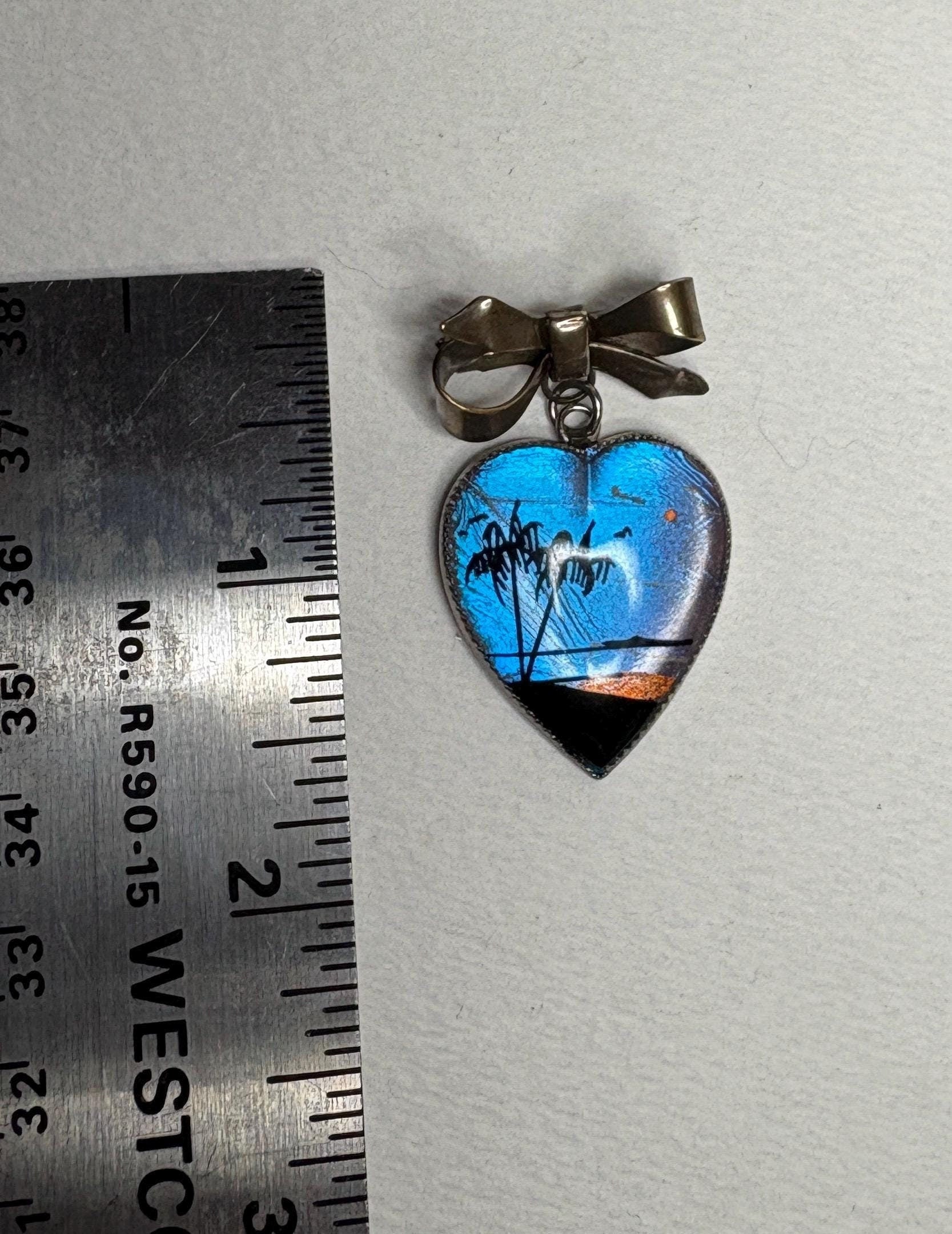 Antique Morpho Butterfly Heart Bow Brooch Pin