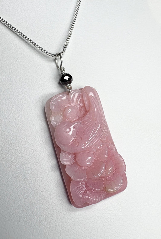 Peruvian pink opal dove and blossoms pendant with black diamond on sterling silver chain.