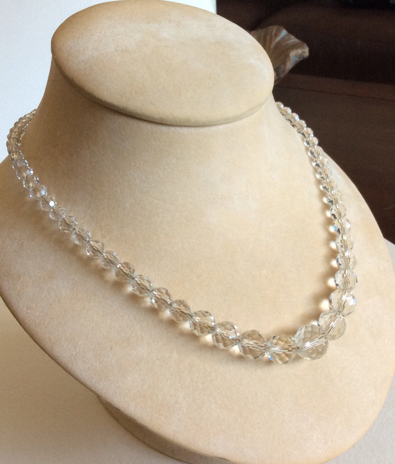 Vintage Art Deco faceted crystal bead gold filled necklace with filigree clasp