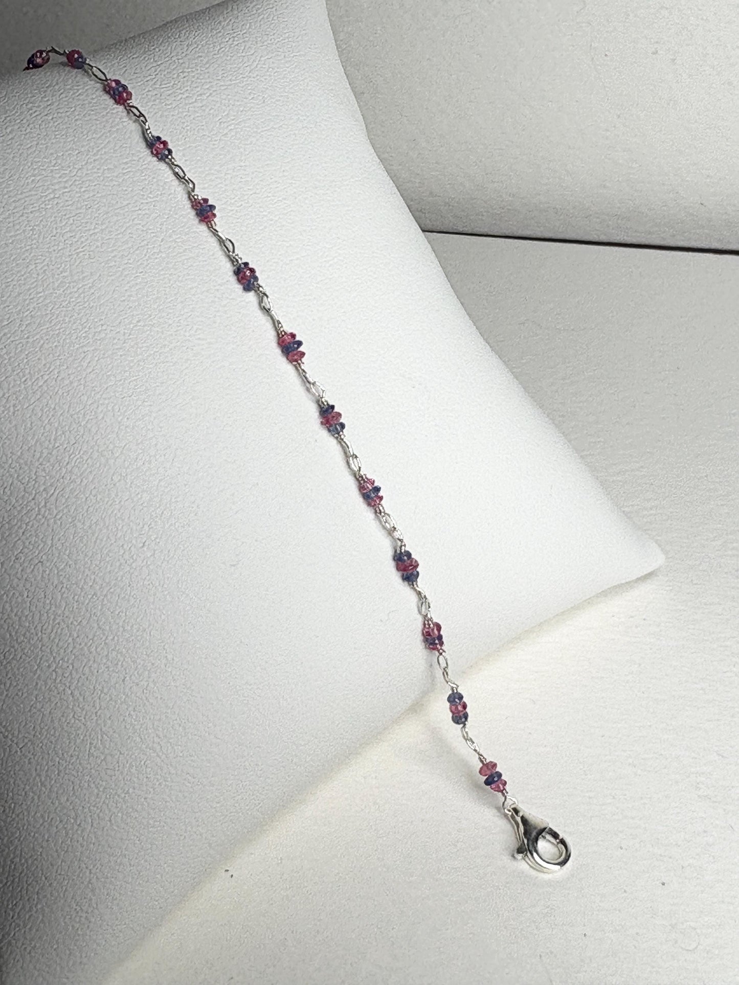 Dainty sterling silver bracelet with tiny Burmese sapphire and spinel beads.