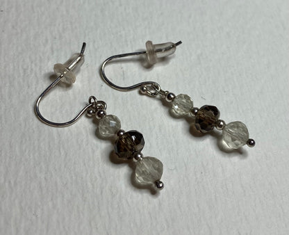 Oregon Sunstone and smokey quartz beaded dangle drop earrings.