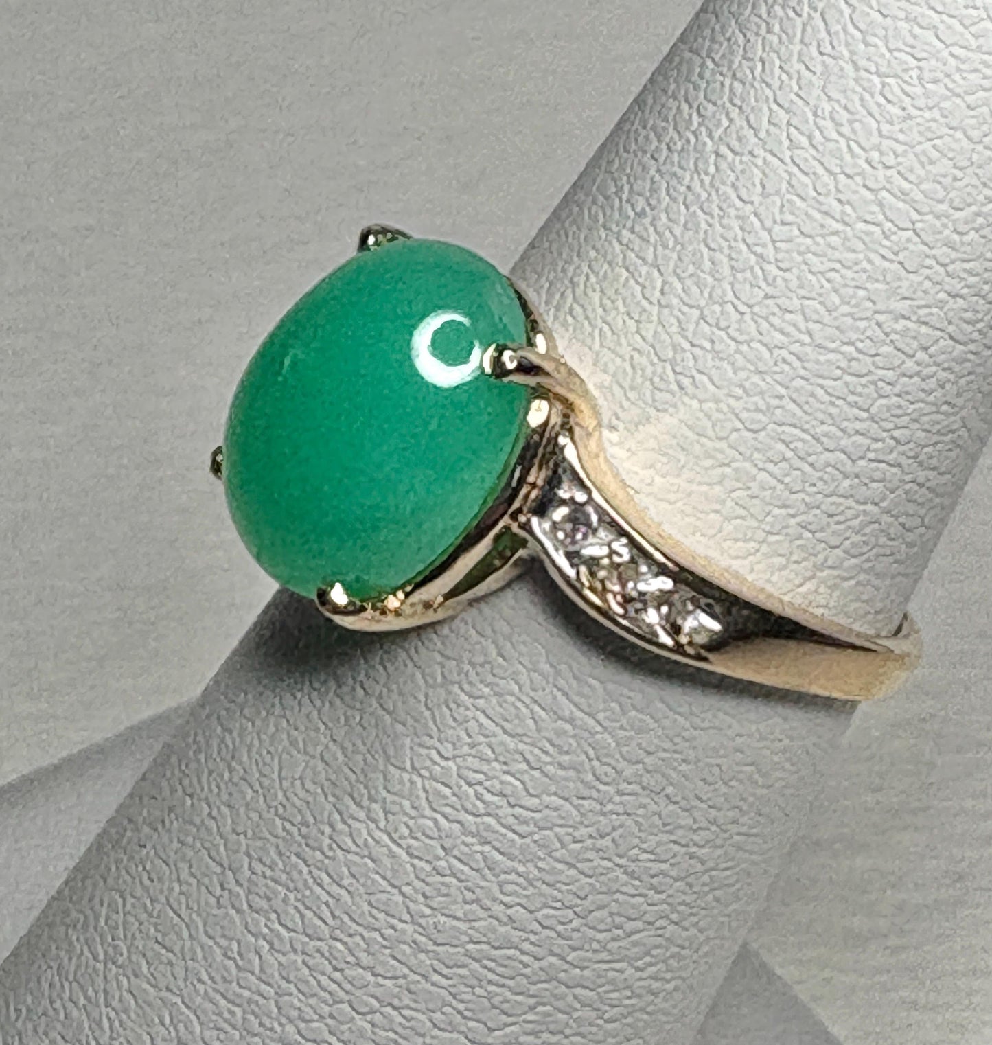 14k gold ring with Australian chrysoprase and diamond accents.