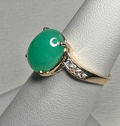 14k gold ring with Australian chrysoprase and diamond accents.