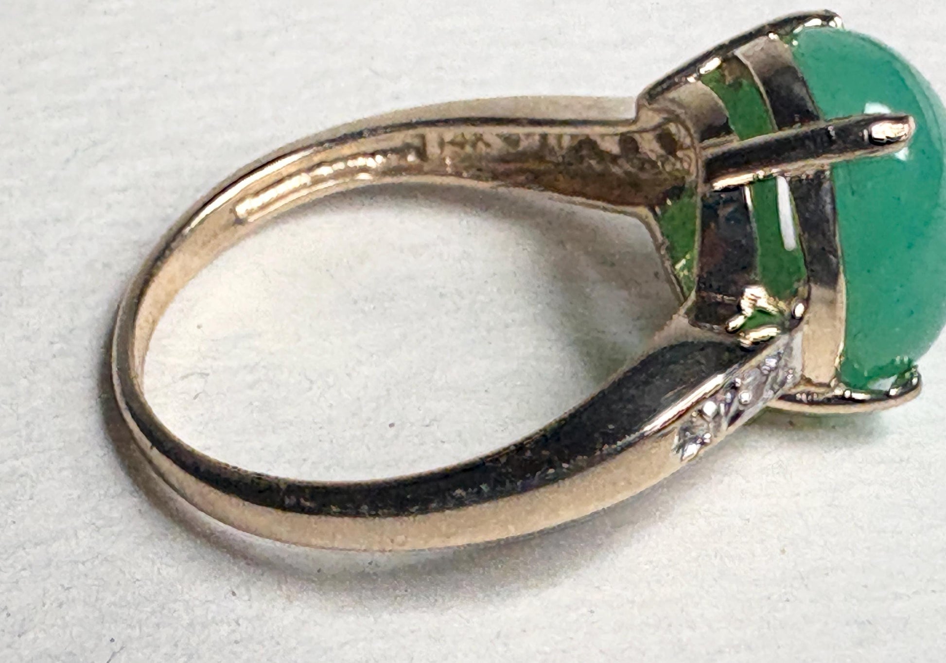 14k gold ring with Australian chrysoprase and diamond accents.