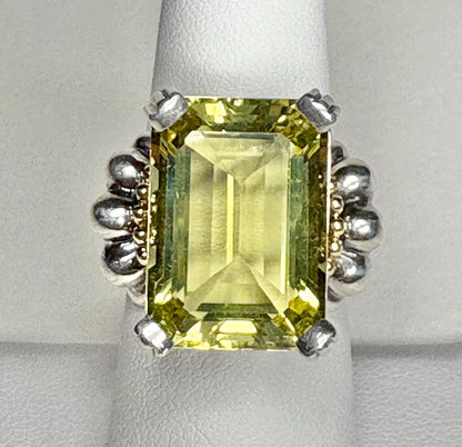 Large Lagos Caviar Glacier ring with emerald-cut lemon quartz in 18k gold and sterling silver.