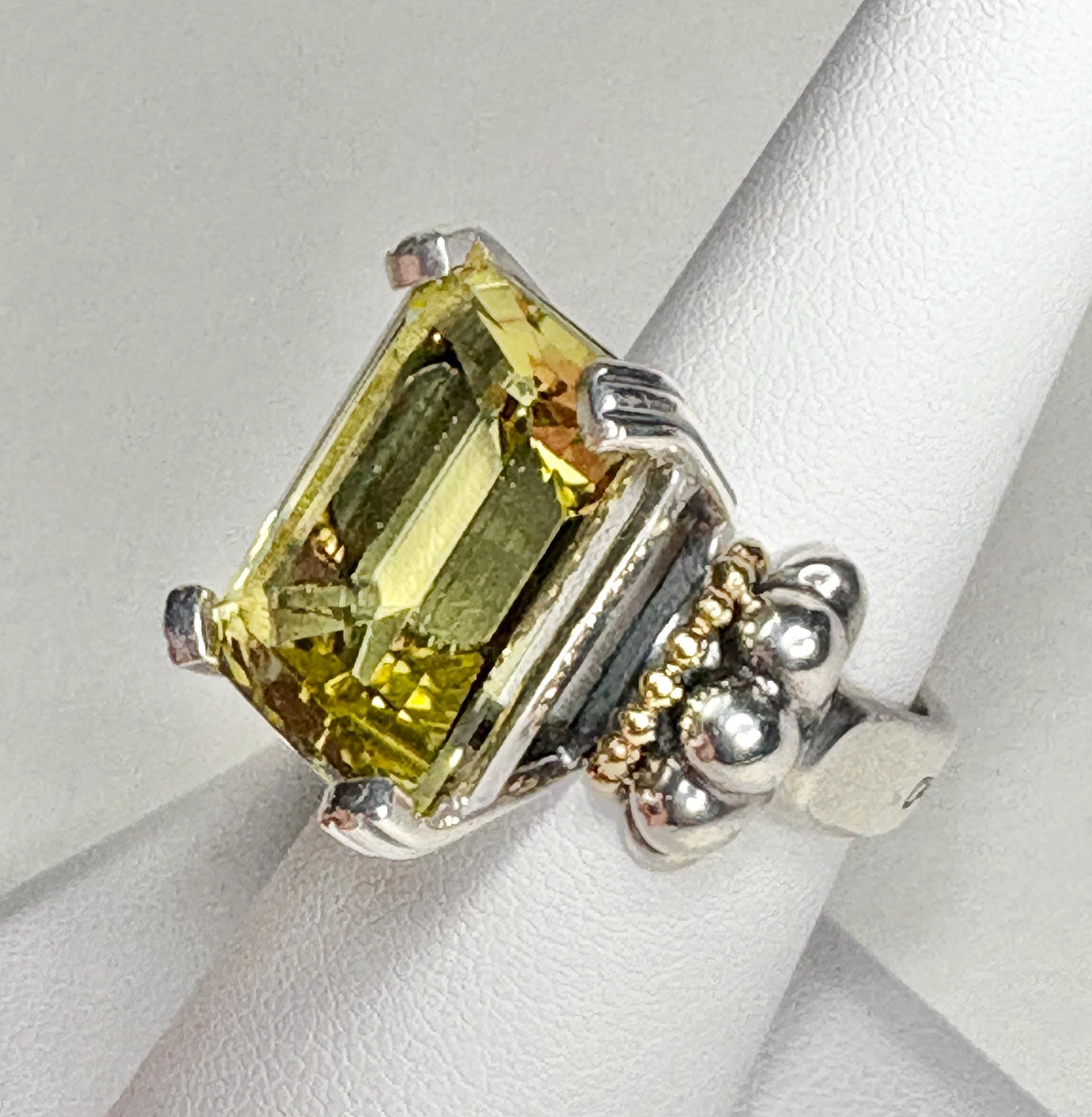 Lagos Caviar ring with large lemon quartz, 18k gold, and sterling silver.