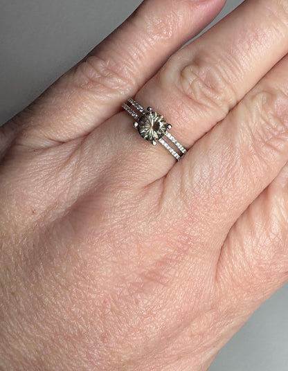 18k white gold ring with a bicolor Oregon sunstone and .20ctw diamonds.