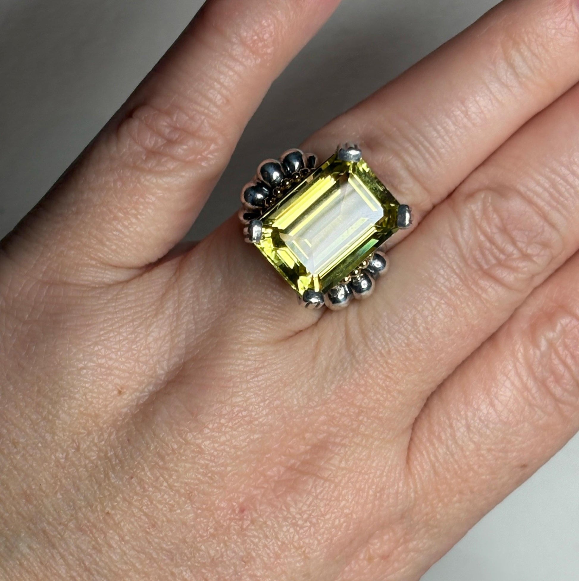 Lagos sterling silver and 18k gold ring with a large lemon quartz.