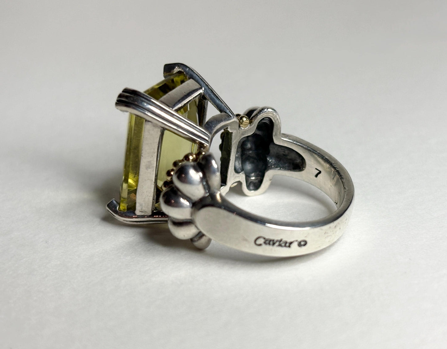 Lagos Caviar ring with a large lemon quartz in sterling silver and 18k gold, size 7.
