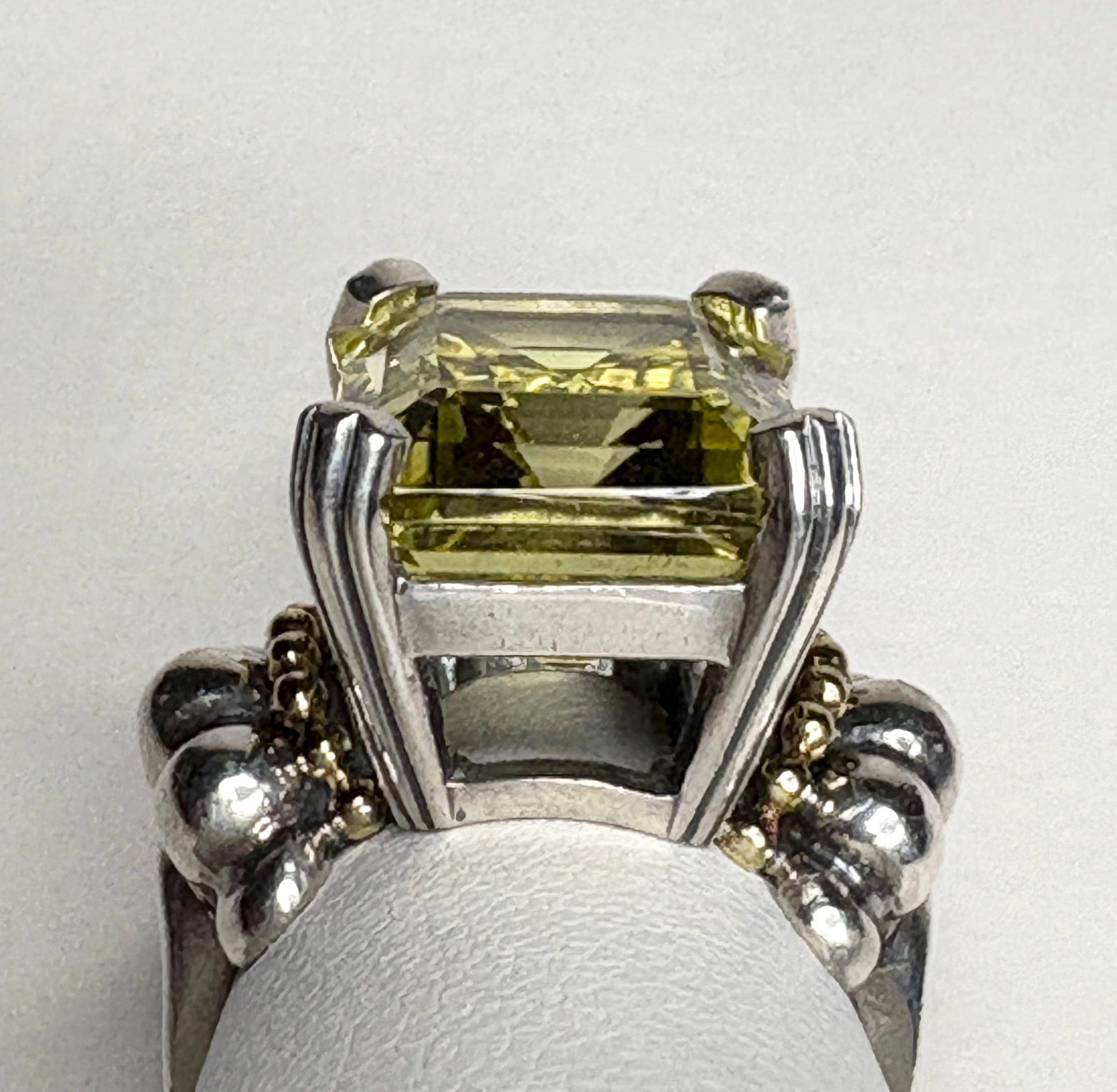 Lagos Caviar Glacier ring with large lemon quartz in sterling silver and 18k gold.