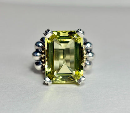 Lagos sterling silver and 18k gold ring with a large emerald-cut lemon quartz.