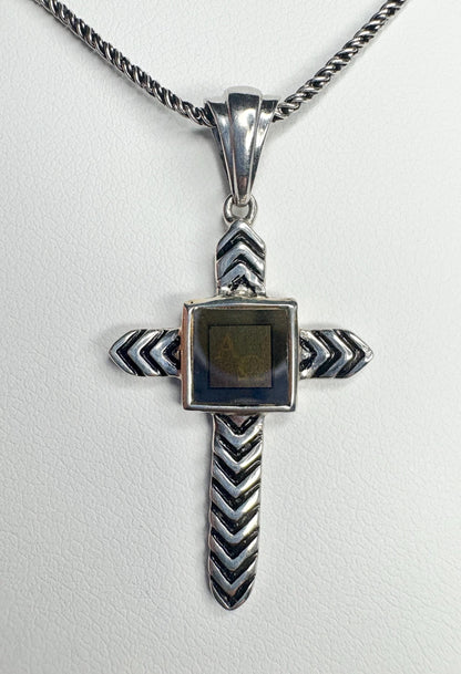 Sterling silver cross pendant necklace with a nano laser inscribed Bible under glass.