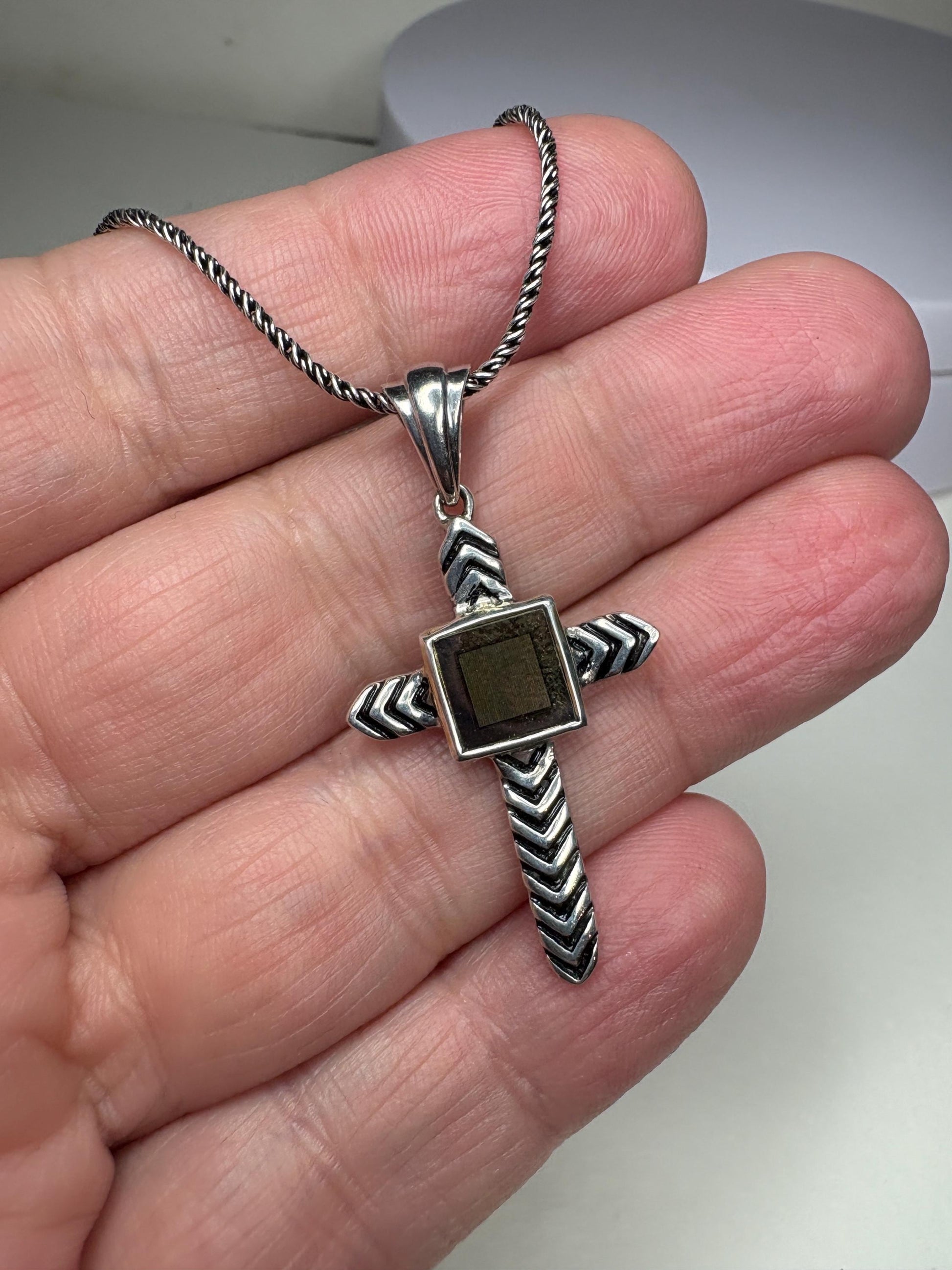 Sterling silver cross pendant necklace with a nano-inscribed Bible on a 20-inch chain.