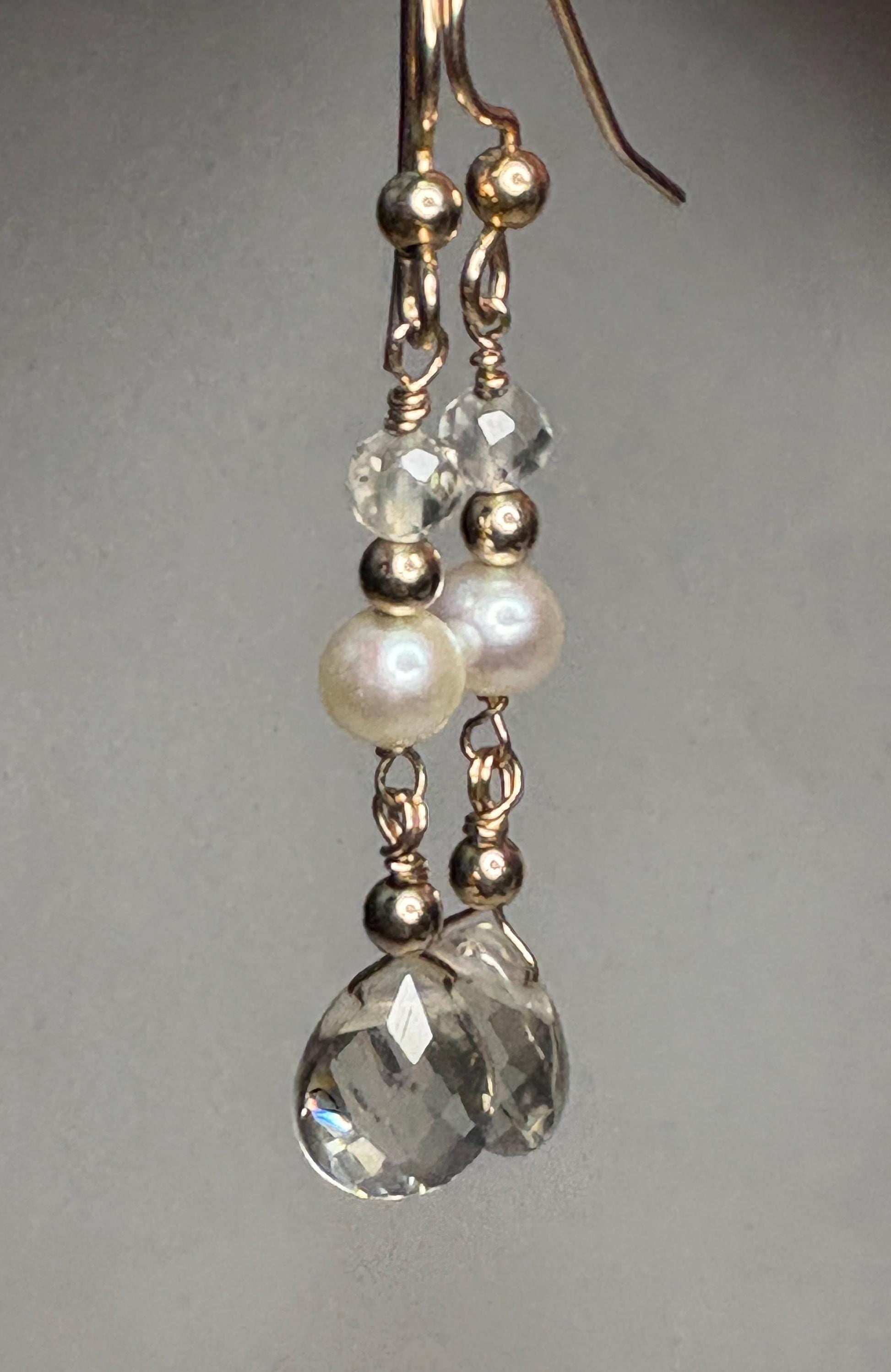 Gold filled dangle earrings with Oregon sunstone and cultured pearls.