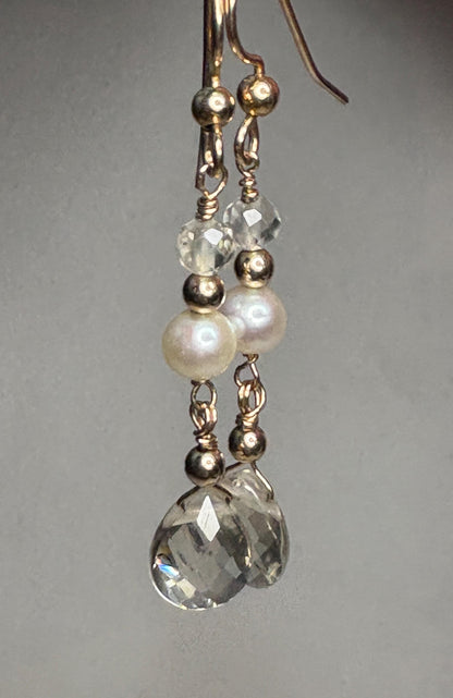 Gold filled dangle earrings with Oregon sunstone and cultured pearls.