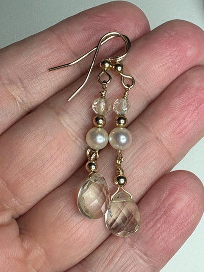 Gold filled dangle earrings with Oregon sunstone and cultured pearls.