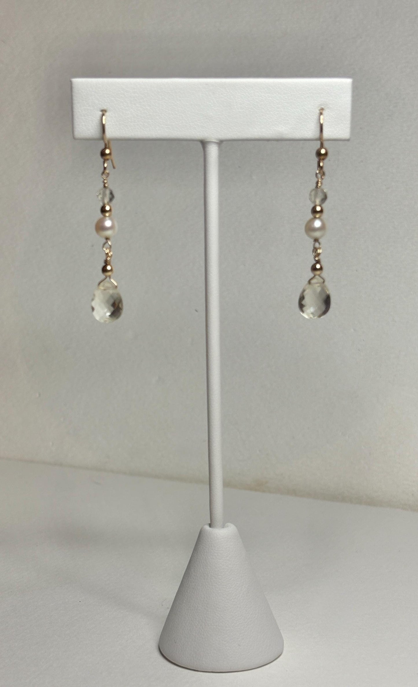 Gold filled dangle earrings with Oregon sunstone and cultured pearls.