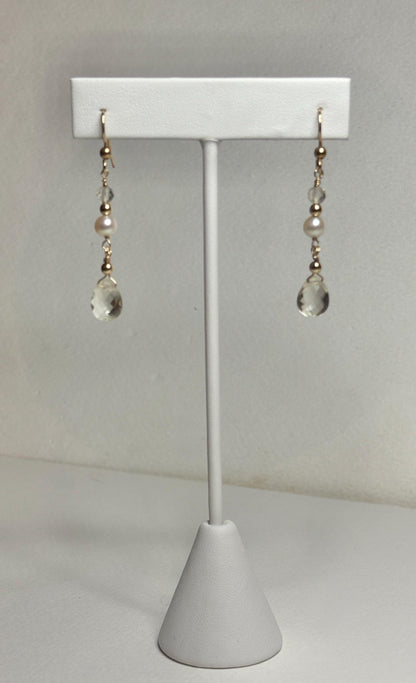 Gold filled dangle earrings with Oregon sunstone and cultured pearls.