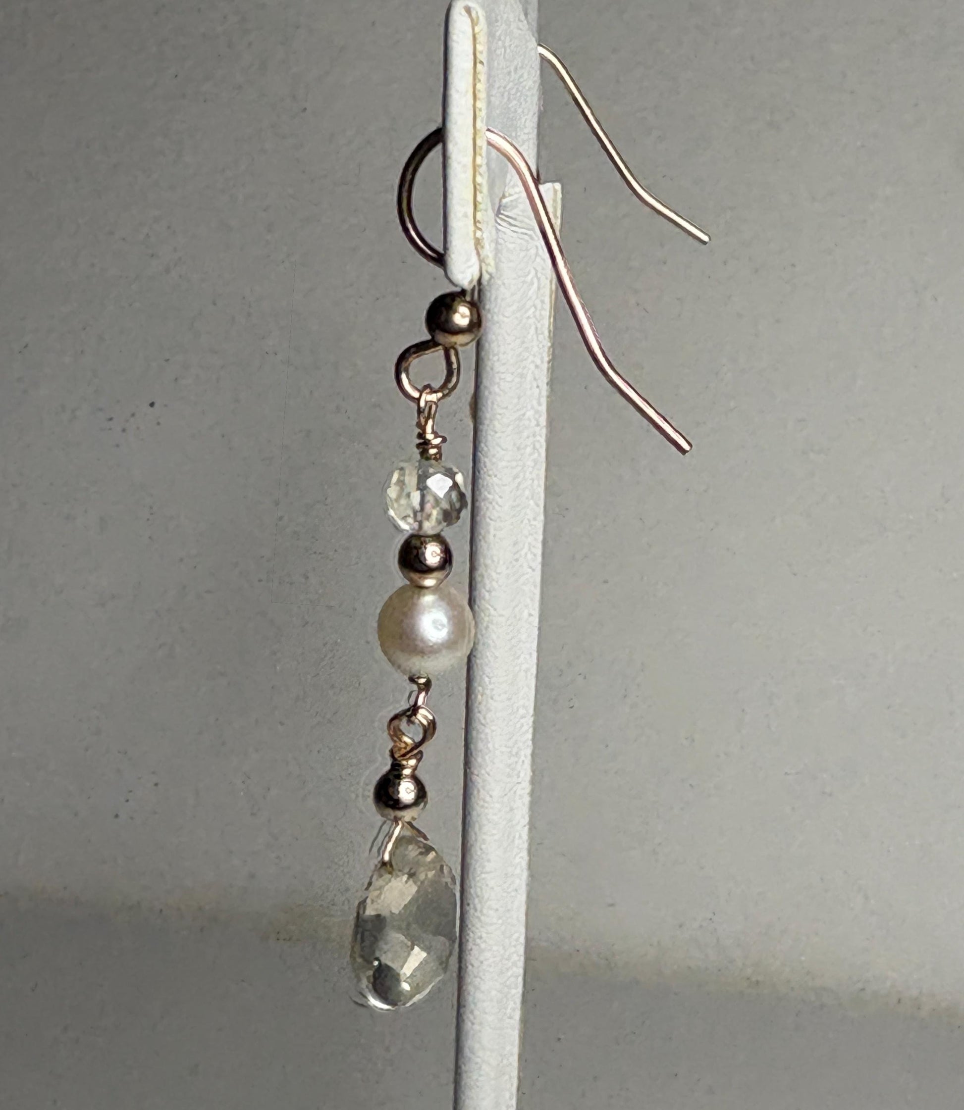 Gold filled dangle earrings with Oregon sunstone and cultured pearl.