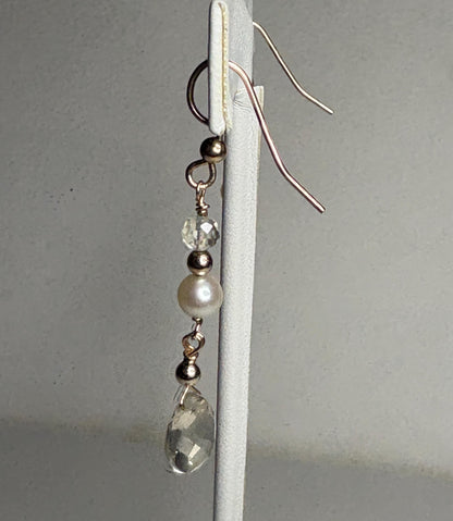 Gold filled dangle earrings with Oregon sunstone and cultured pearl.