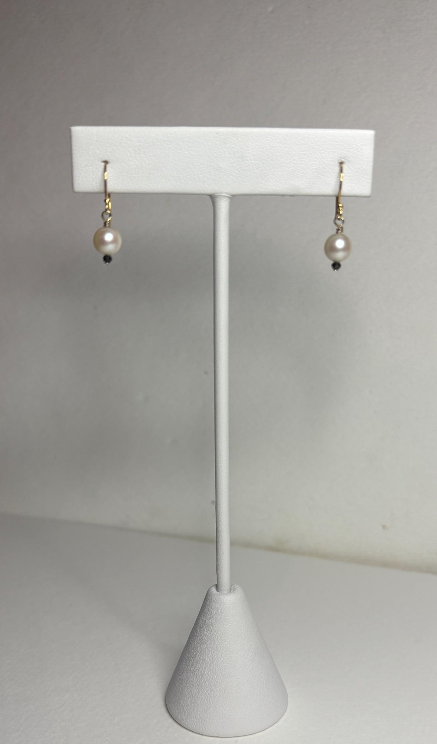 14k gold dangle earrings with 6mm Akoya pearls and 2mm black diamond beads.