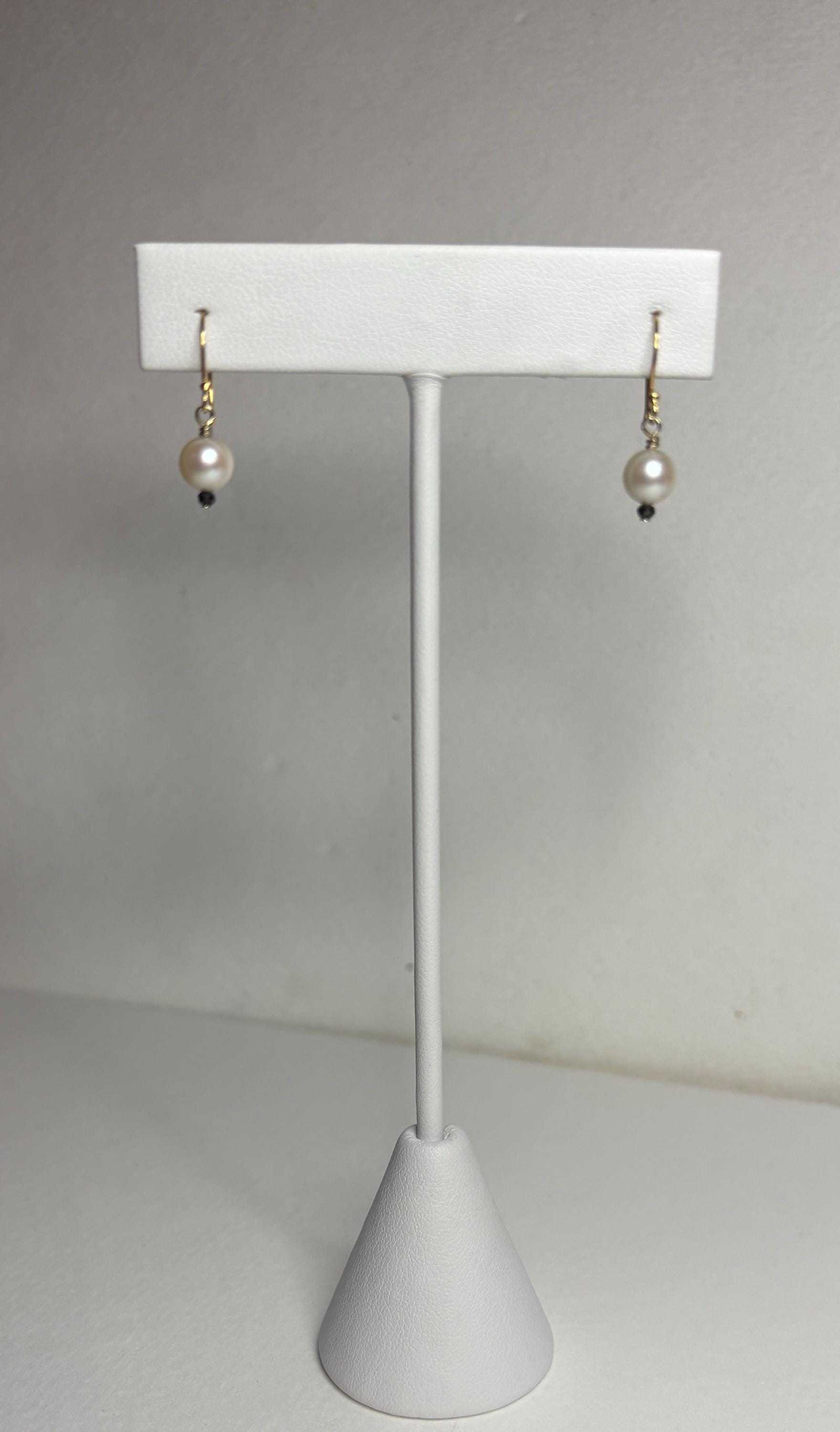 14k gold dangle earrings with 6mm Akoya pearls and 2mm black diamond beads.