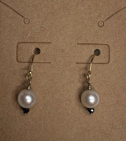 14k gold dangle earrings with Akoya pearls and black diamond beads.