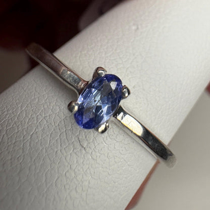 Sterling silver ring with a 5x3mm oval tanzanite solitaire.