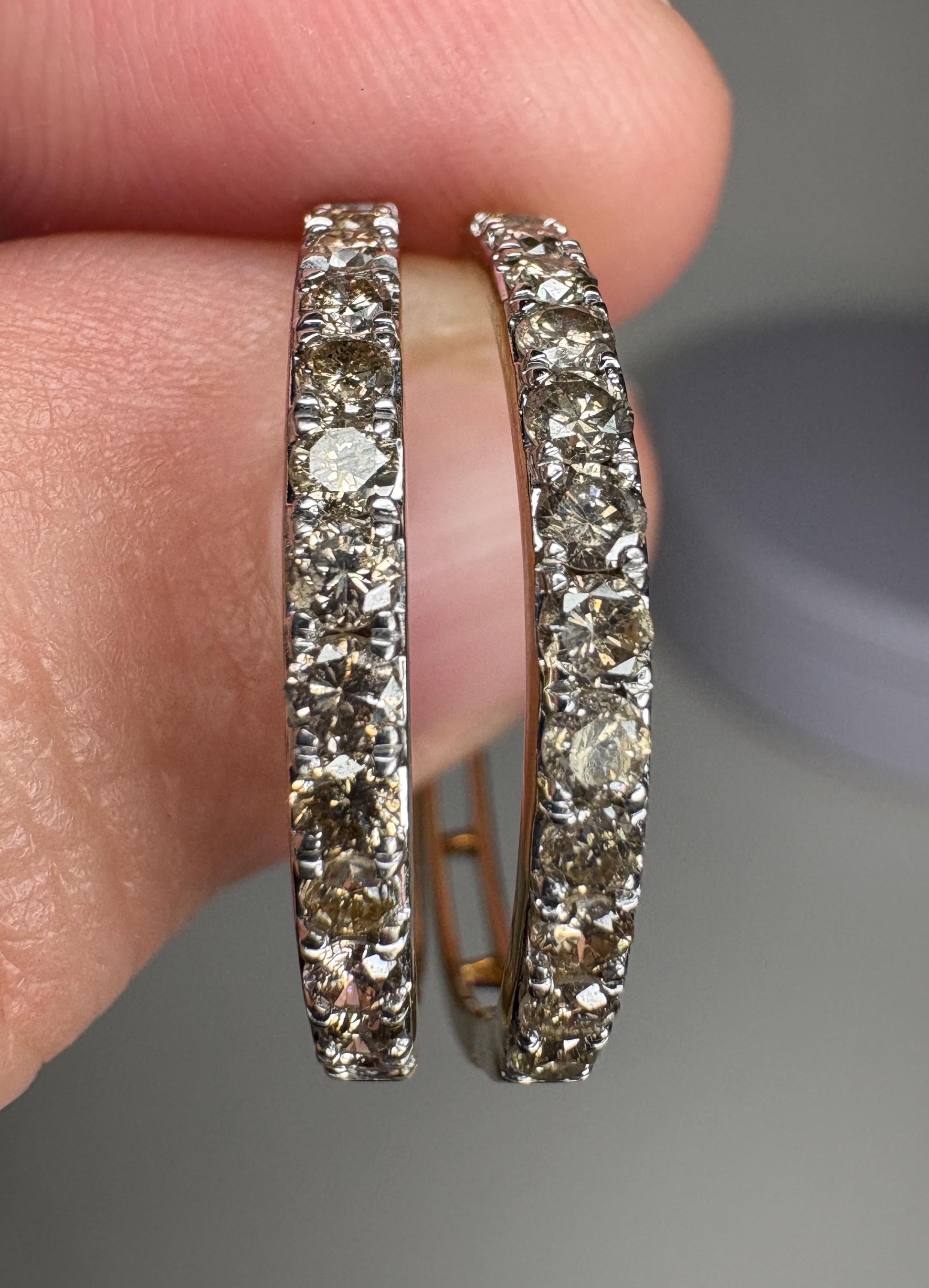 Champagne diamond hoop earrings in 10k gold.