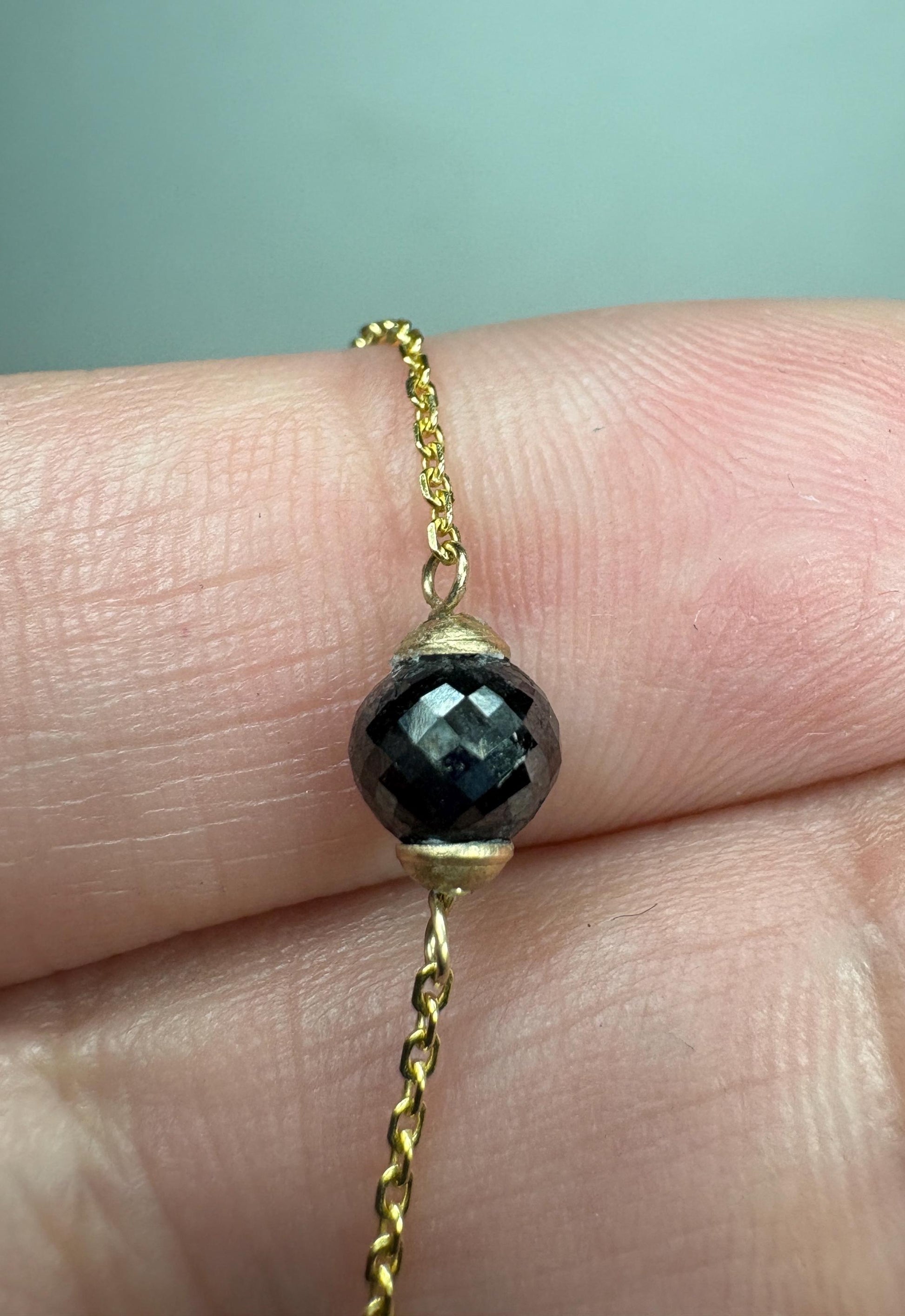 Black Diamond Solitaire Bead Bracelet Solid 14k Gold 5mm 7.25" - NewLifeJewelryVault