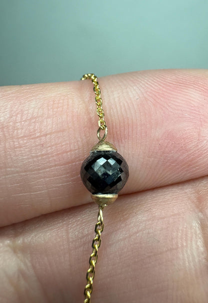 Black Diamond Solitaire Bead Bracelet Solid 14k Gold 5mm 7.25" - NewLifeJewelryVault