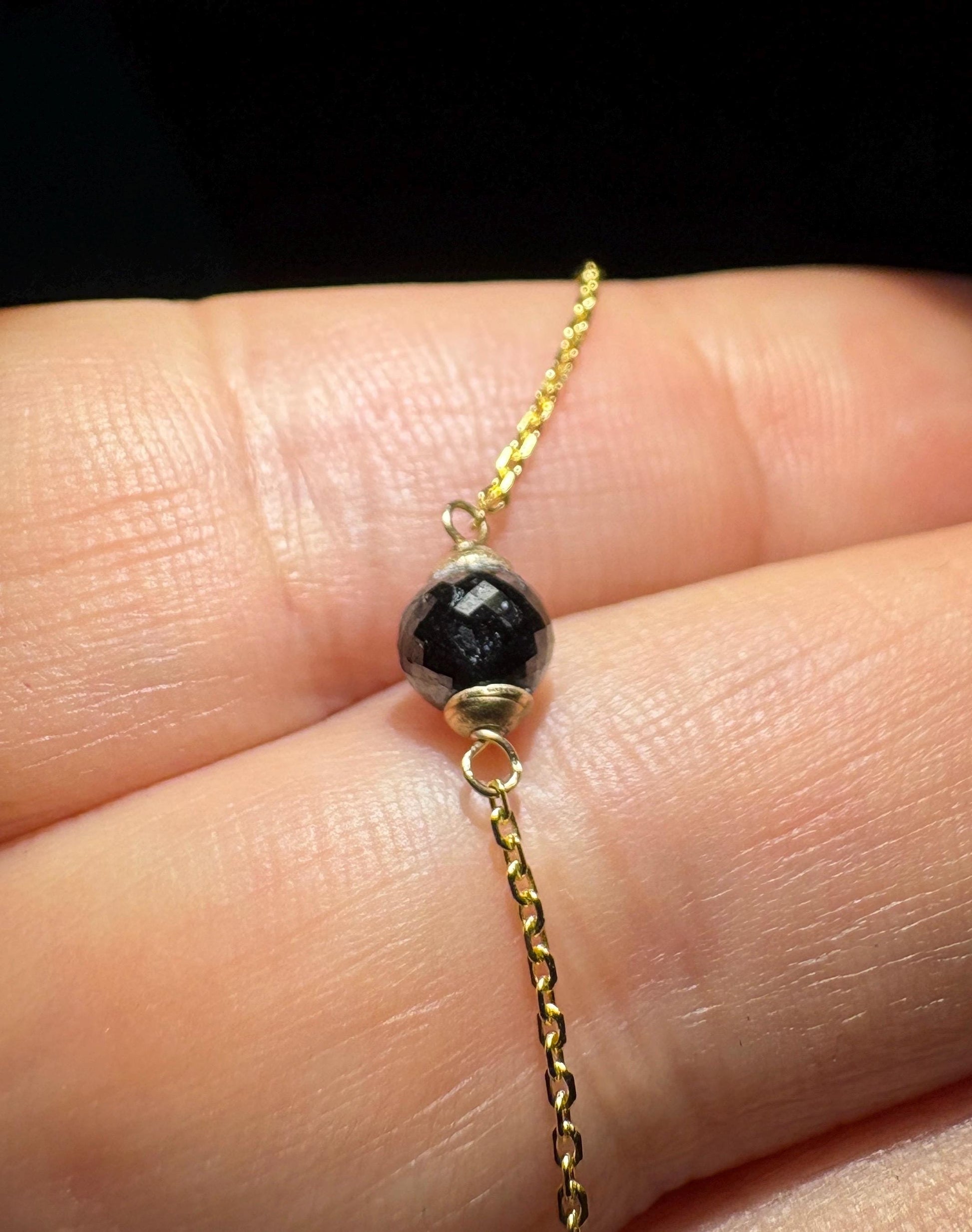 Black Diamond Solitaire Bead Bracelet Solid 14k Gold 5mm 7.25" - NewLifeJewelryVault