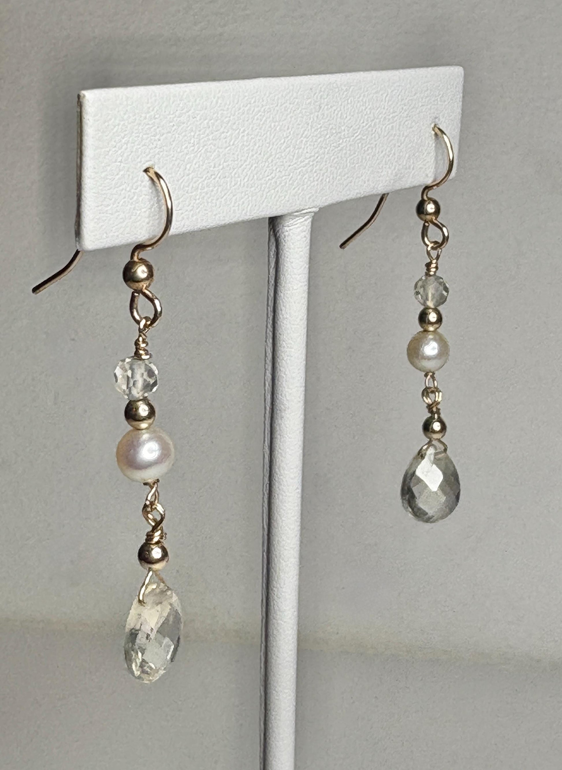 Gold filled dangle earrings with Oregon sunstone and cultured pearls.