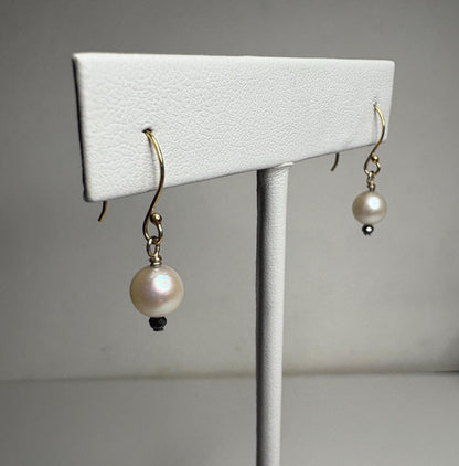 14k gold dangle earrings with 6mm Akoya pearls and 2mm black diamond beads.