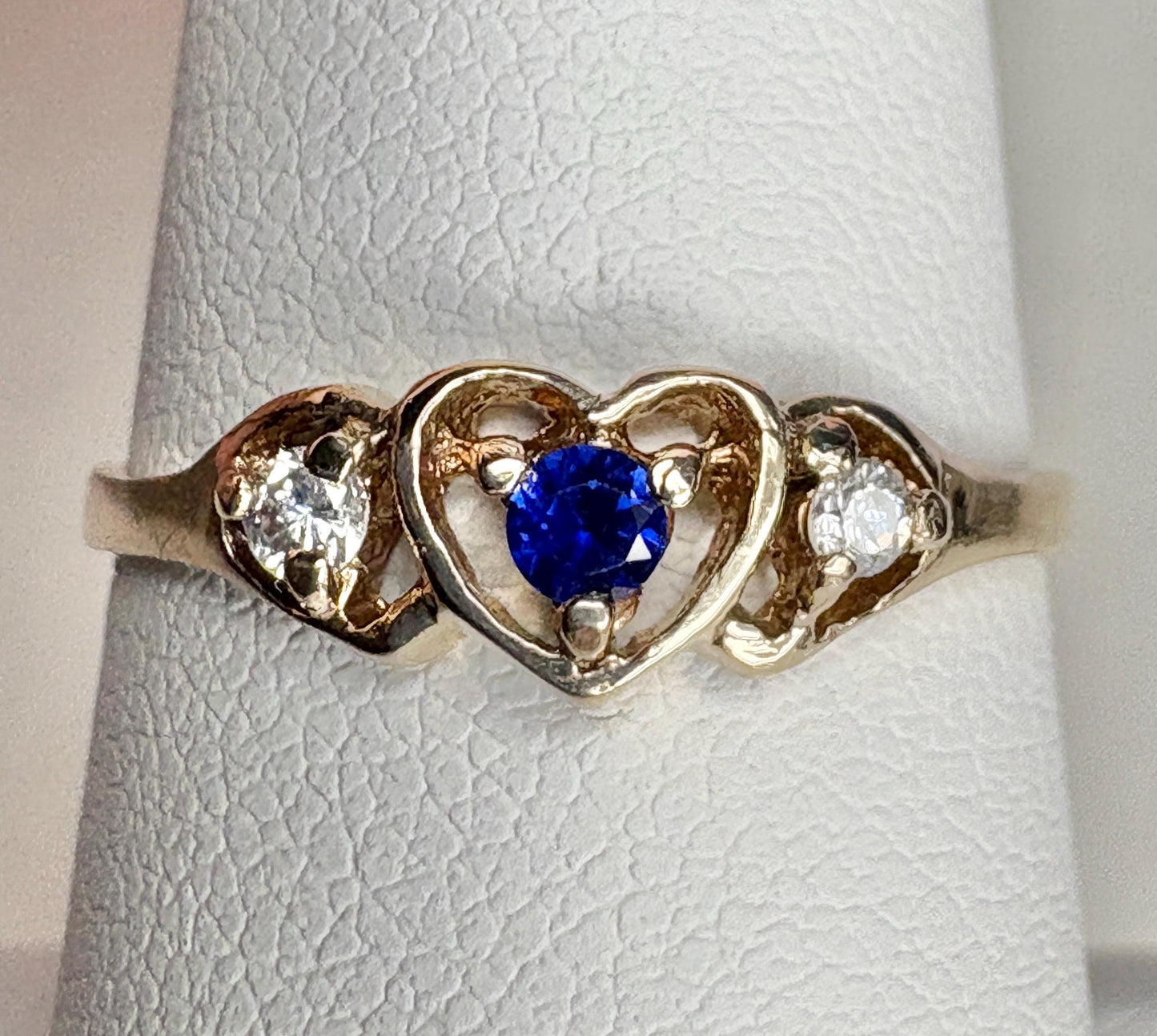 Vintage 10k gold heart ring with sapphire and diamonds.