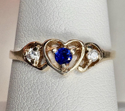 Vintage 10k gold heart ring with sapphire and diamonds.