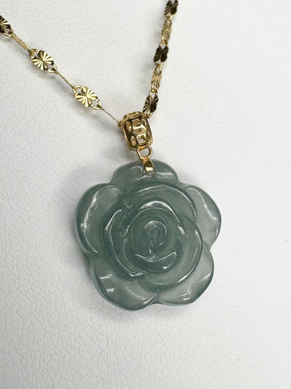 Teal jadeite jade rose pendant necklace on a 14k gold chain.