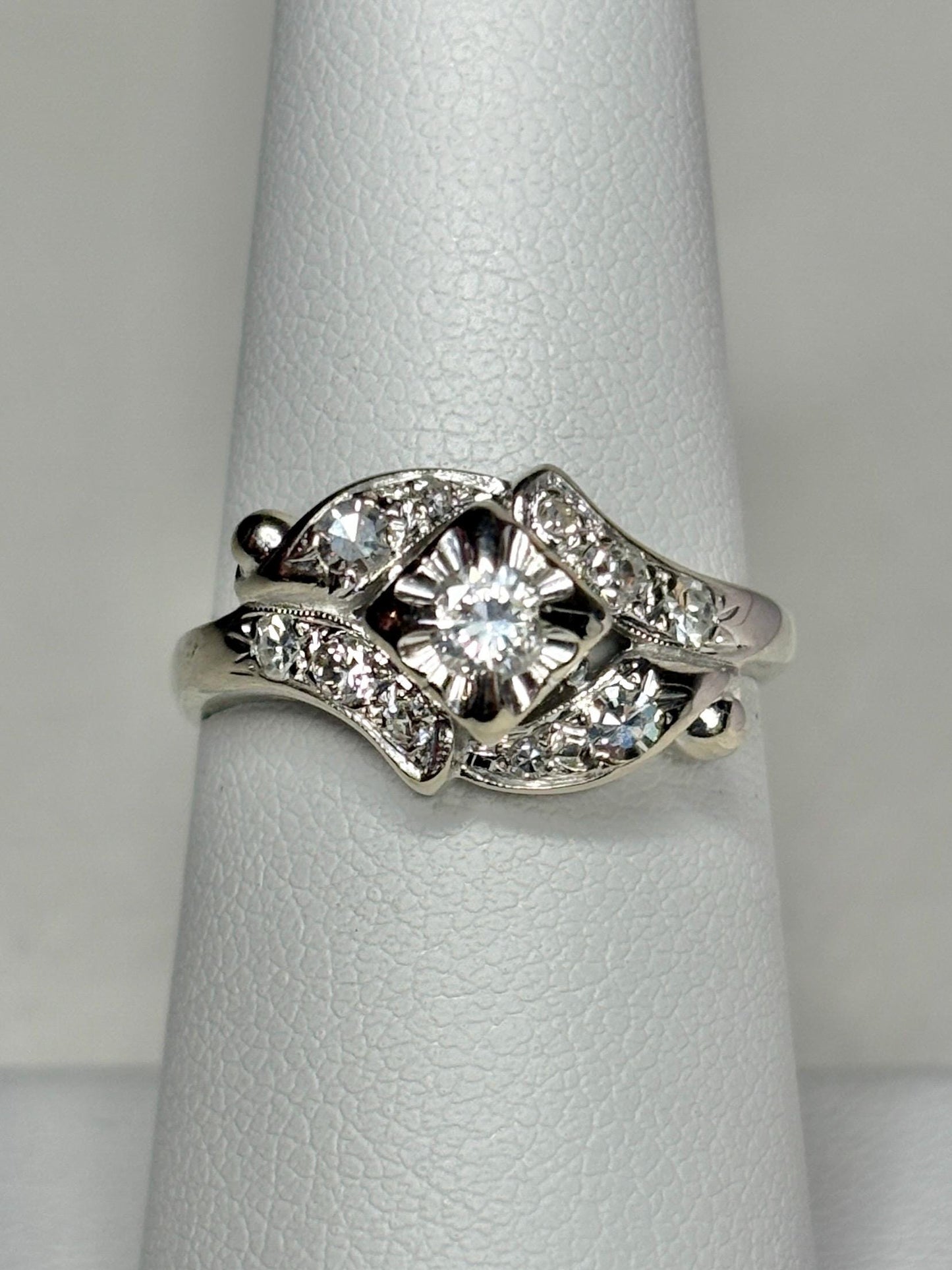Vintage 14k white gold ring with natural diamonds.