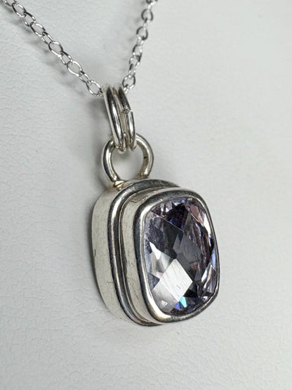 Sterling silver pendant necklace with a lavender checkerboard faceted cushion-cut CZ.