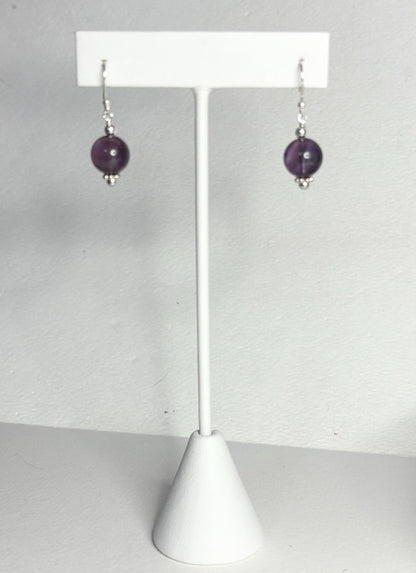 Sterling silver dangle earrings with 10mm natural amethyst beads.