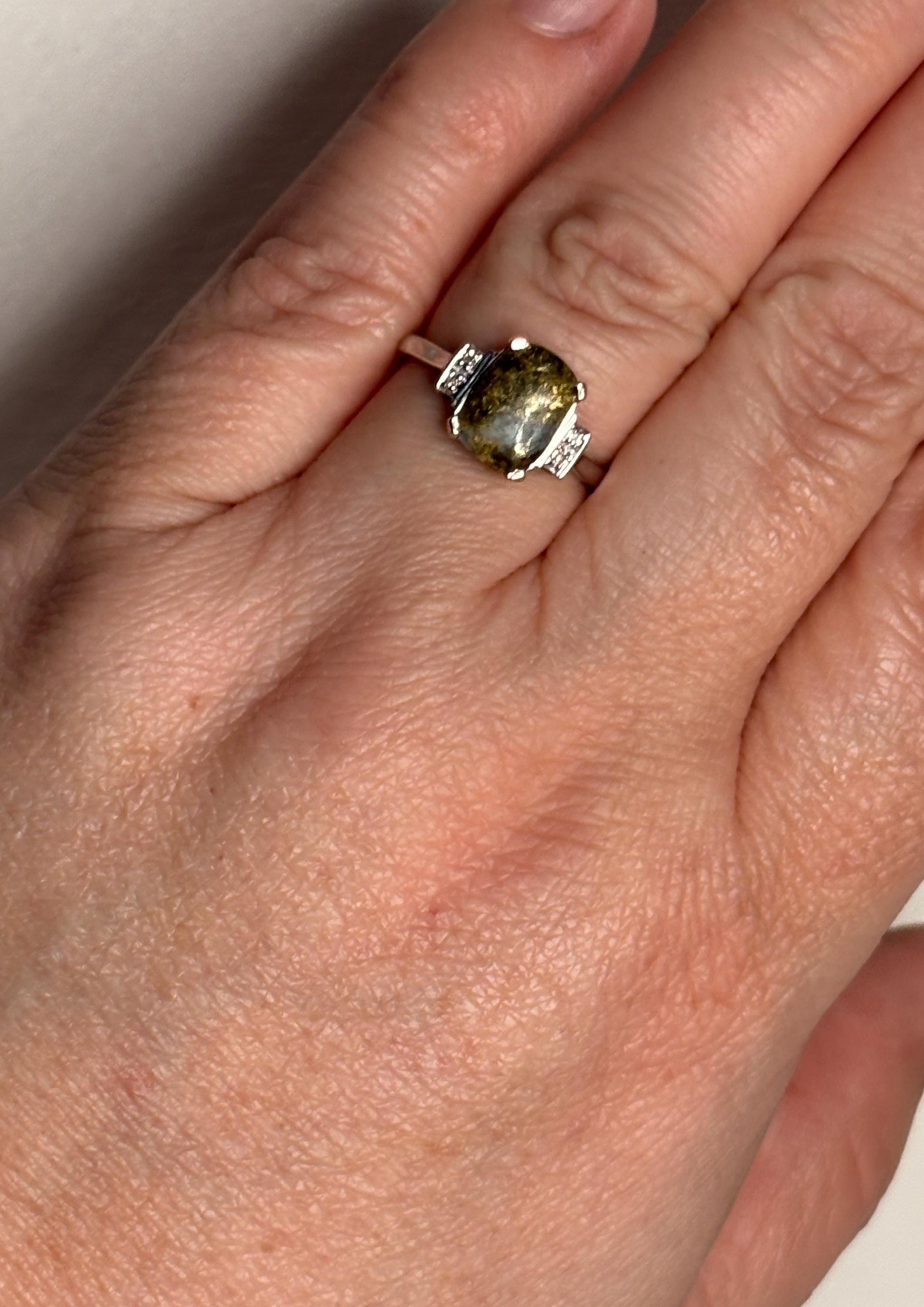 10k white gold ring with California gold in quartz and diamonds.