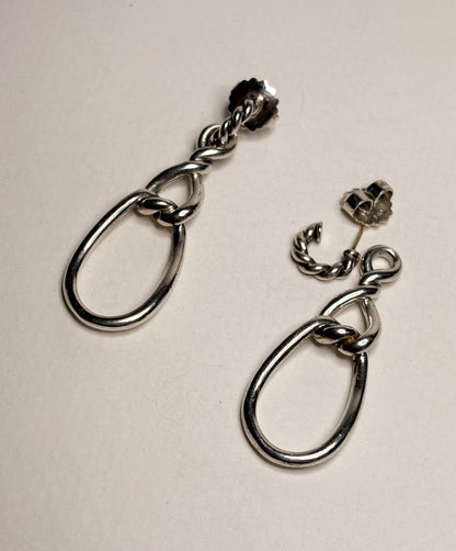 Sterling silver dangle earrings with twisted rope detail and 14k gold posts.