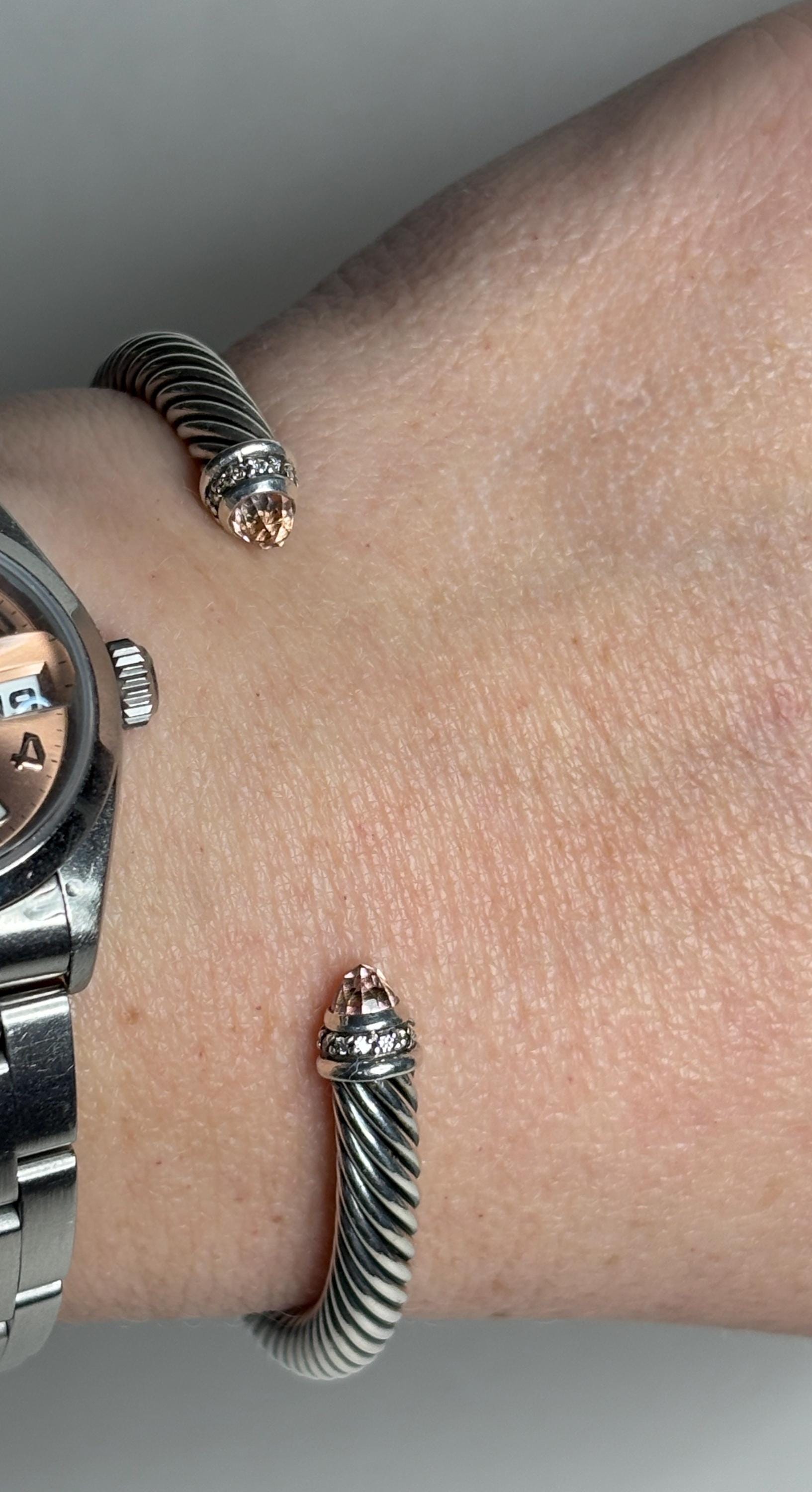 Sterling silver cable cuff bracelet with morganite and diamond accents.