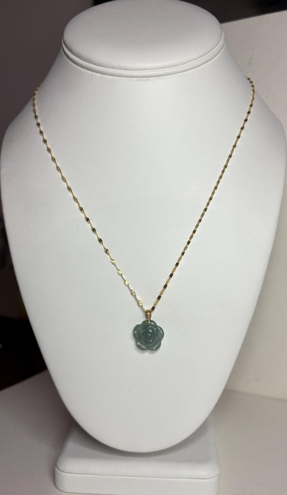 Teal jadeite rose pendant necklace on a 14k gold chain.