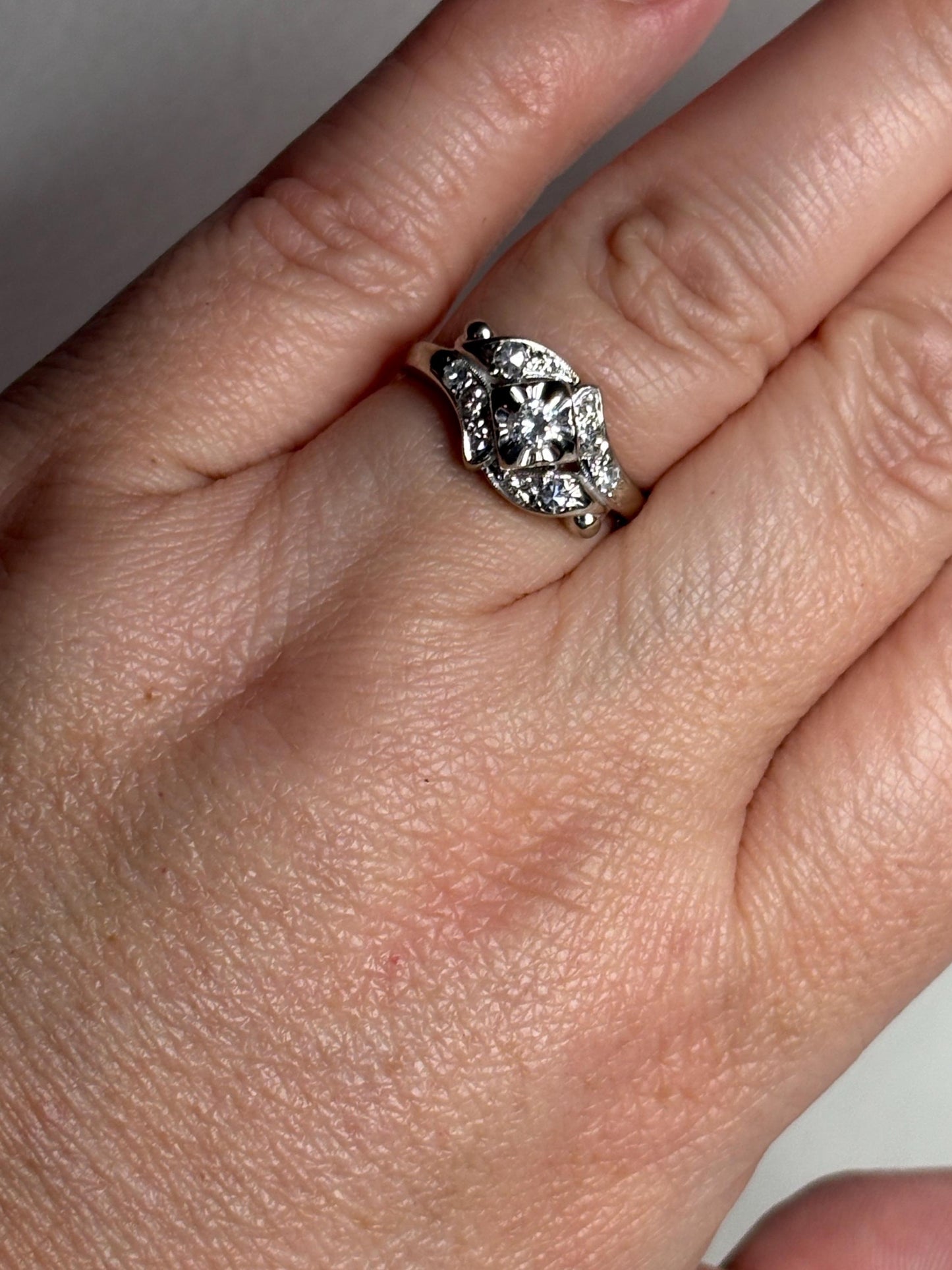 Vintage 14k white gold ring with natural diamonds.