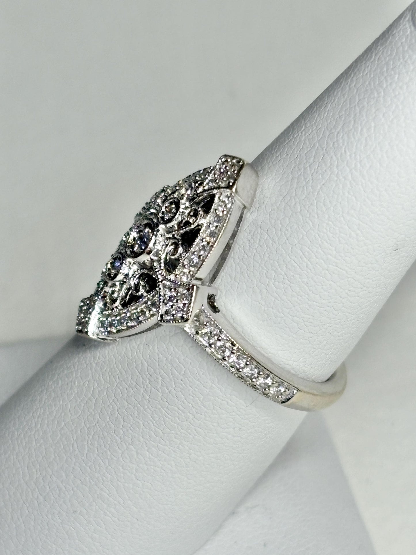 Art Deco revival navette ring in 14k white gold with diamonds.