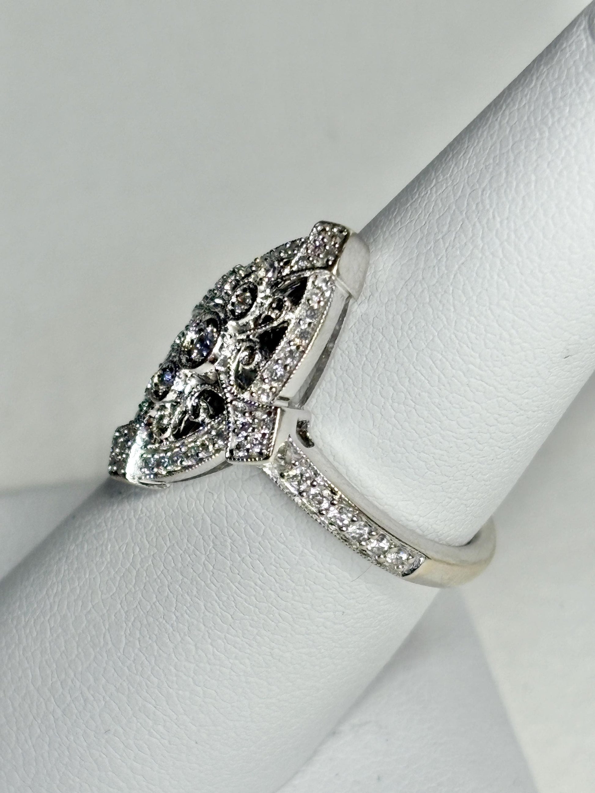 Art Deco revival navette ring in 14k white gold with diamonds.